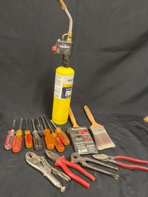 Vintage Bernzomatic Torch with Tools and Paintbrushes