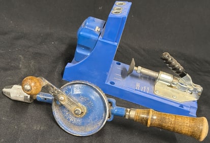 Vintage Manual Hand Drill and Blue Jig Fixture