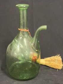 Vintage Green Glass Wine Porron with Spout and Straw Brush