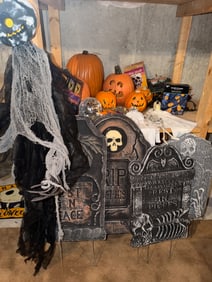 Halloween Decorations, Including Tombstones and Hanging Figure