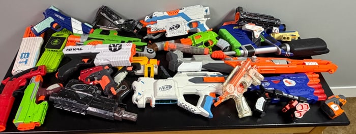 Huge Lot of Assorted Nerf and Non-Nerf Toy Guns with Various Sizes