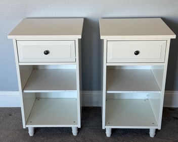 IKEA White Wooden Bedside Tables with Drawers and Shelves