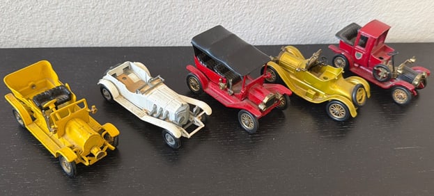 Five Vintage Diecast Model Cars in Assorted Colors