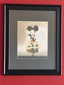 Framed Painting of Woman with Birdcage and Birds