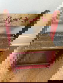 Vintage Wooden stool Chair with Red Paint and Decorative Lettering