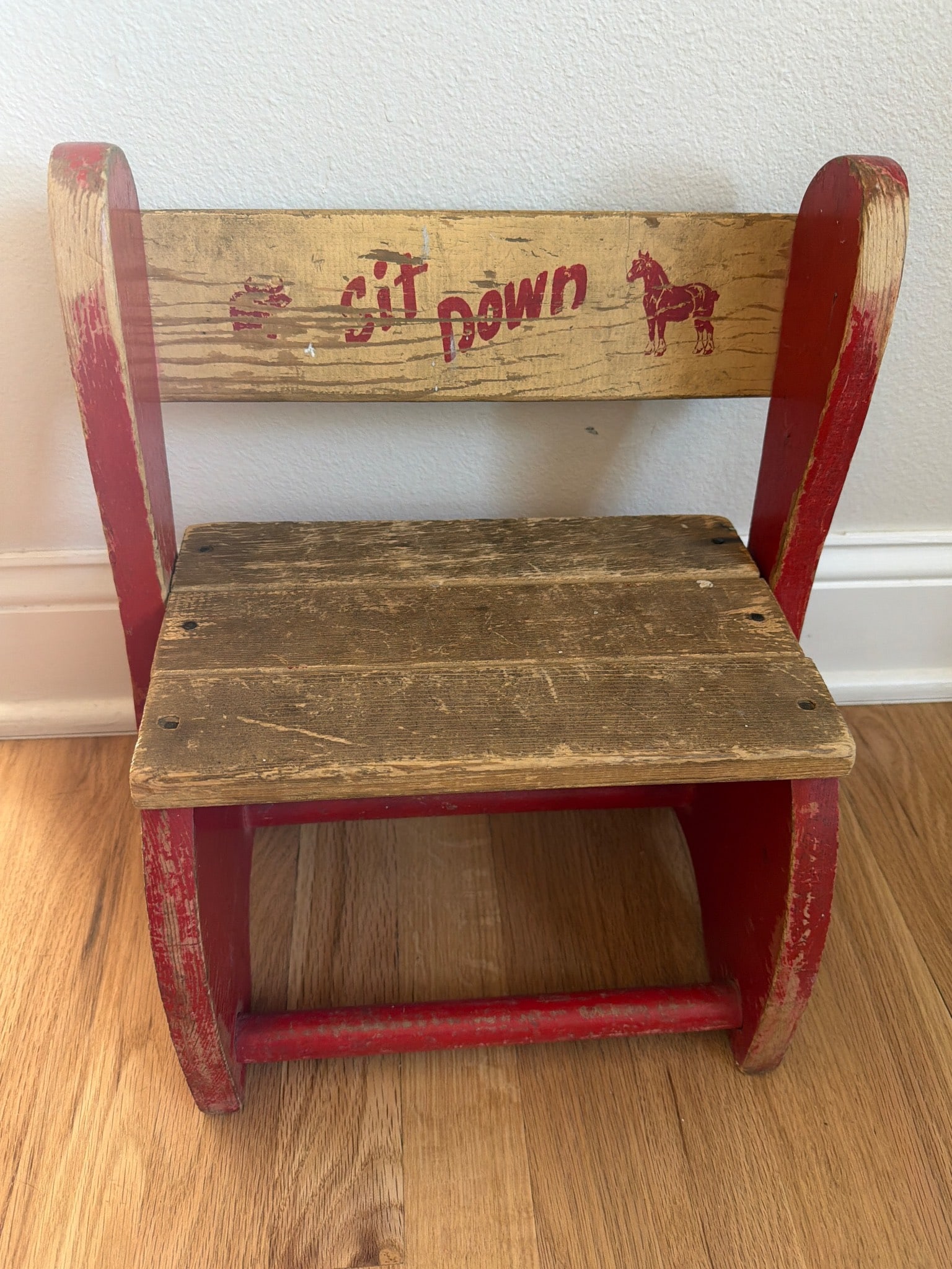 Vintage Wooden stool Chair with Red Paint and Decorative Lettering (1 of 2)