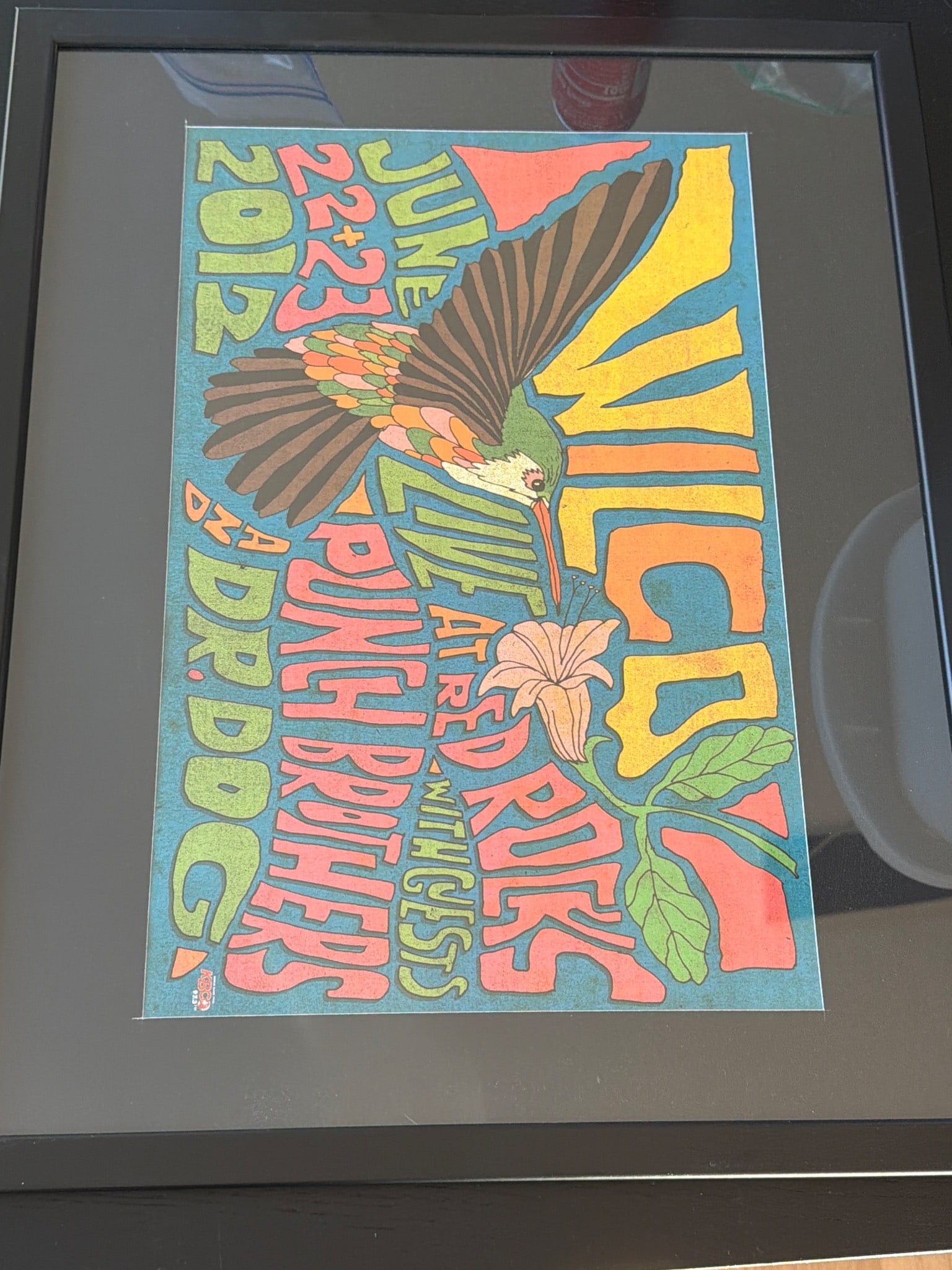Wilco 2012 Concert Poster Featuring Hummingbird Design: Wilco 2012 concert poster featuring bold, colorful artwork with a hummingbird and floral design. Includes event dates of June 22 & 23, 2012, and details about guest acts, Punch Brothers and Dr. Dog. P