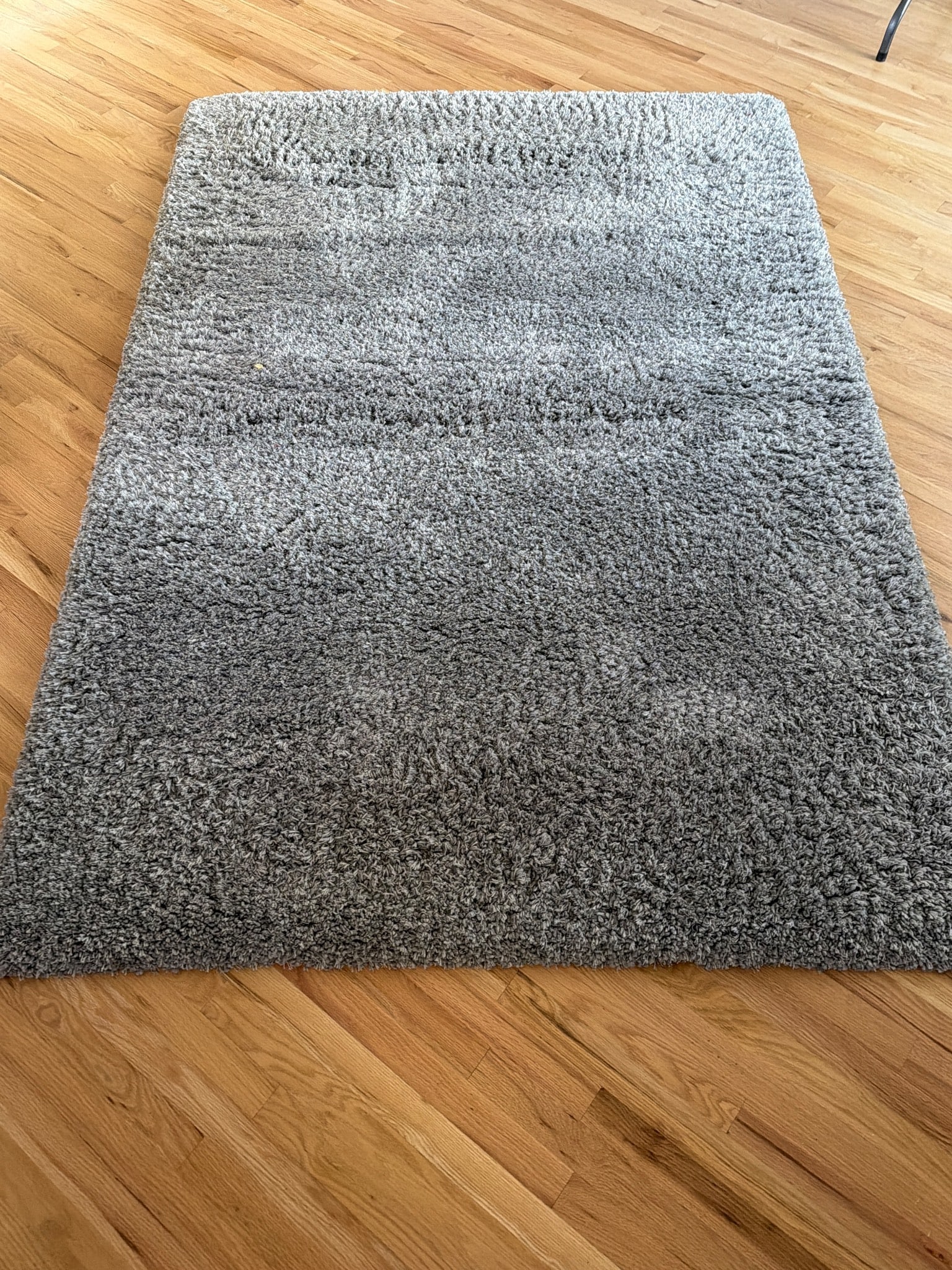 Gray Shag Area Rug with Plush Pile: Gray shag area rug featuring a plush pile construction for a soft texture and comfortable feel. Suitable for a variety of interior settings with a neutral gray tone. Condition appears to be gently use