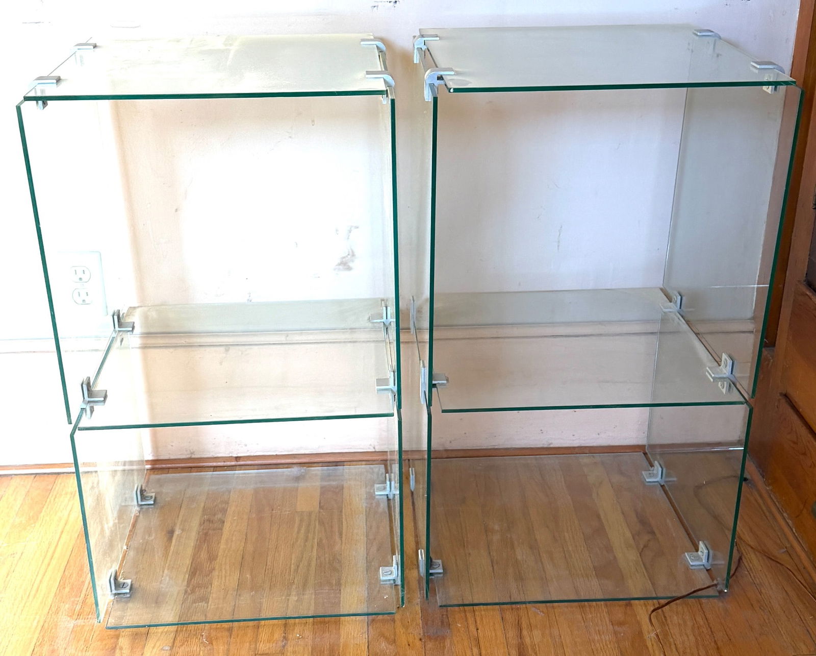 Two Modular Glass Display Shelves With Metal Connectors