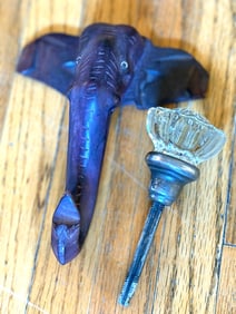 Elephant Head Carved Wood Wall Hook With Glass Knob and Metal Mount