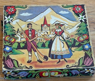 Hand-Painted Decorative Hinged Wooden Box with Pastoral Scene