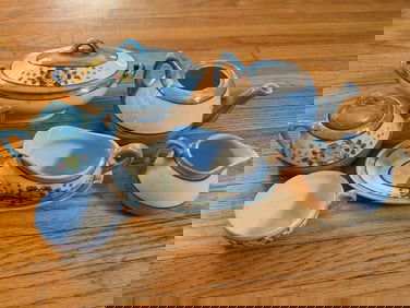 Glazed Ceramic Tea Set with Floral Motif, 7 Pieces