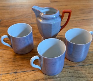 German Ceramic Creamer and Cups Set with Purple Glaze and Red Handle