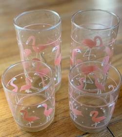 Four Clear Glass Tumblers with Pink Flamingo Design
