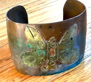 Brass Cuff Bracelet with Embossed Butterfly Design