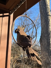 Metal Hanging Parrot Sculpture in Circular Frame