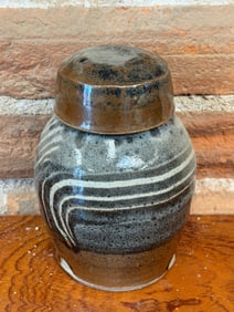 Handmade Ceramic Jar with Lid, Brown and White Swirl Design
