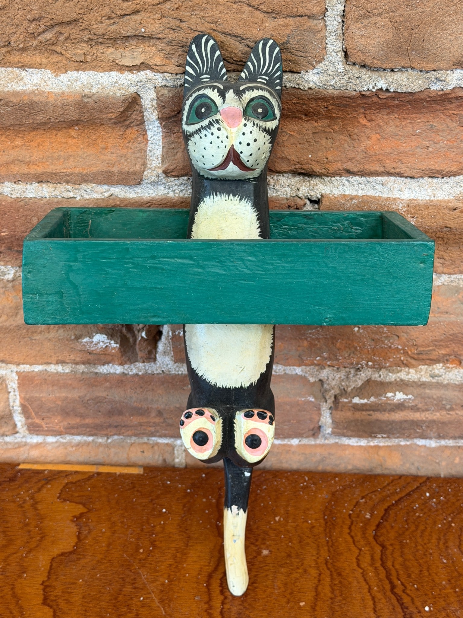 Hand-Painted Wooden Cat Wall Planter in Black and White (1 of 2)