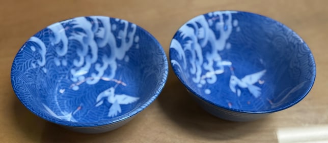 Blue Ceramic Bowls with Crane and Wave Design