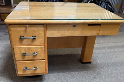 Wooden Desk With Glass Top and Three Drawer Storage