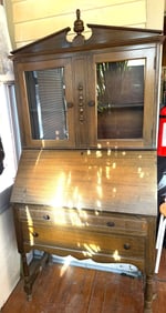 Wooden Secretary Desk with Glass Display Hutch and Drop-Front Design