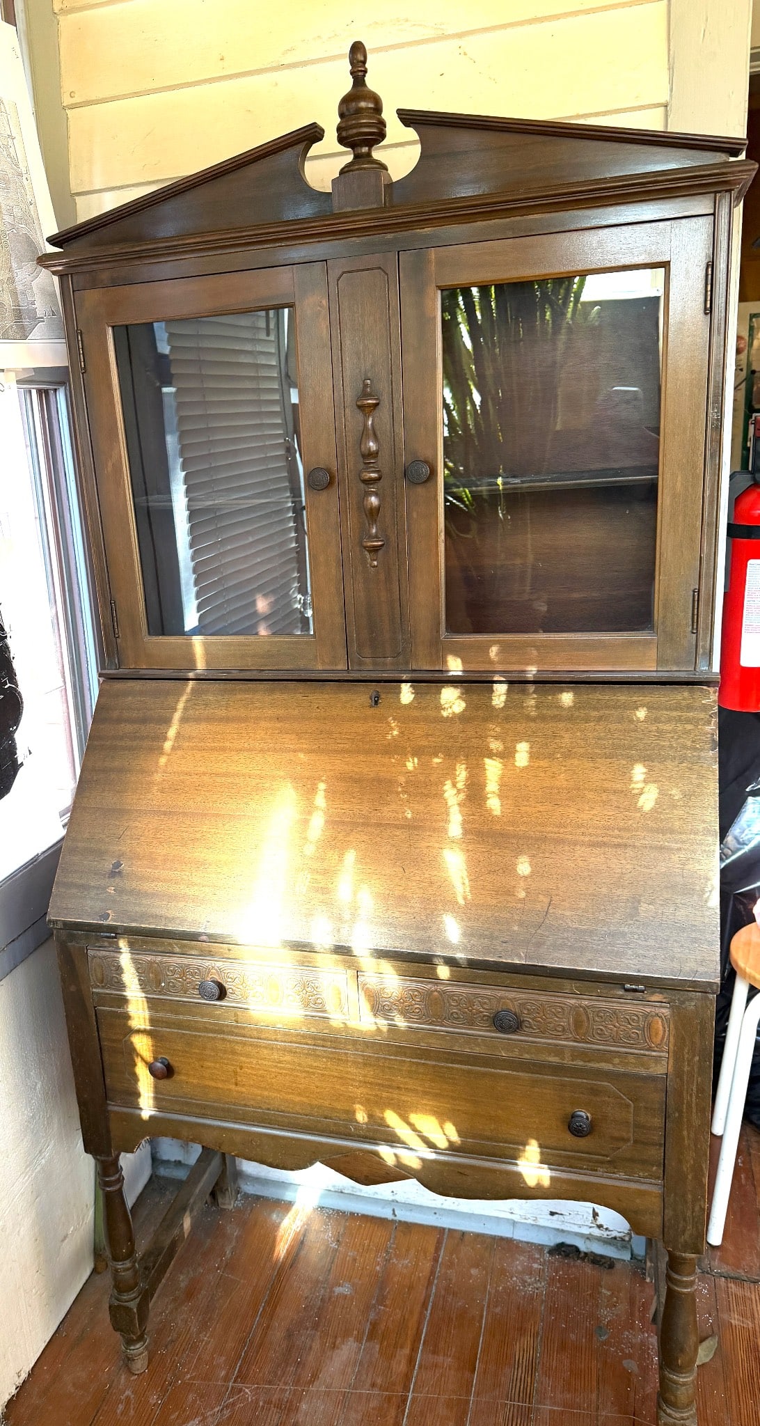 Wooden Secretary Desk with Glass Display Hutch and Drop-Front Design (1 of 8)