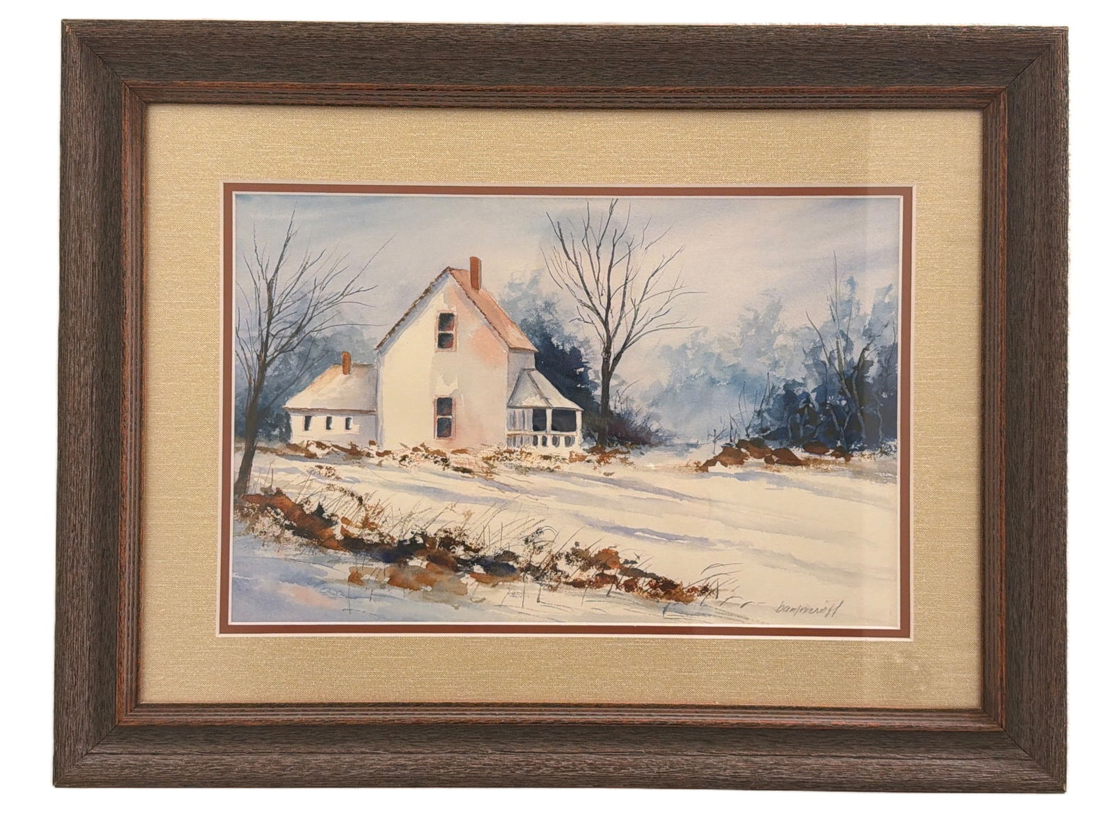 Framed Watercolor Painting of a Snowy Rural Scene by Signed Artist