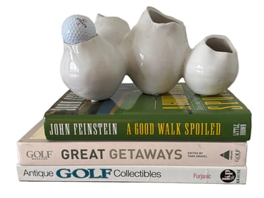 White Ceramic Multi-Vase Sculpture and Golf Collectible Books