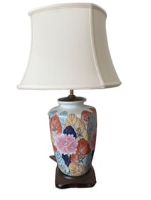 Porcelain Table Lamp with Floral Design and Fabric Shade