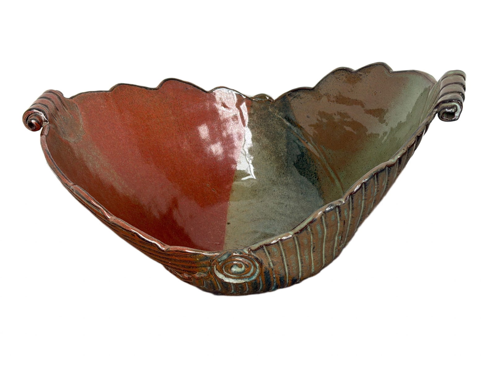 Handcrafted B. Smith Ceramic Bowl, 2006, 14?? Wide: Handcrafted ceramic bowl signed by artist B. Smith and dated 2006. Features a unique scalloped edge design with a combination of earthy green and red tones, accented by a ribbed texture and scroll-lik