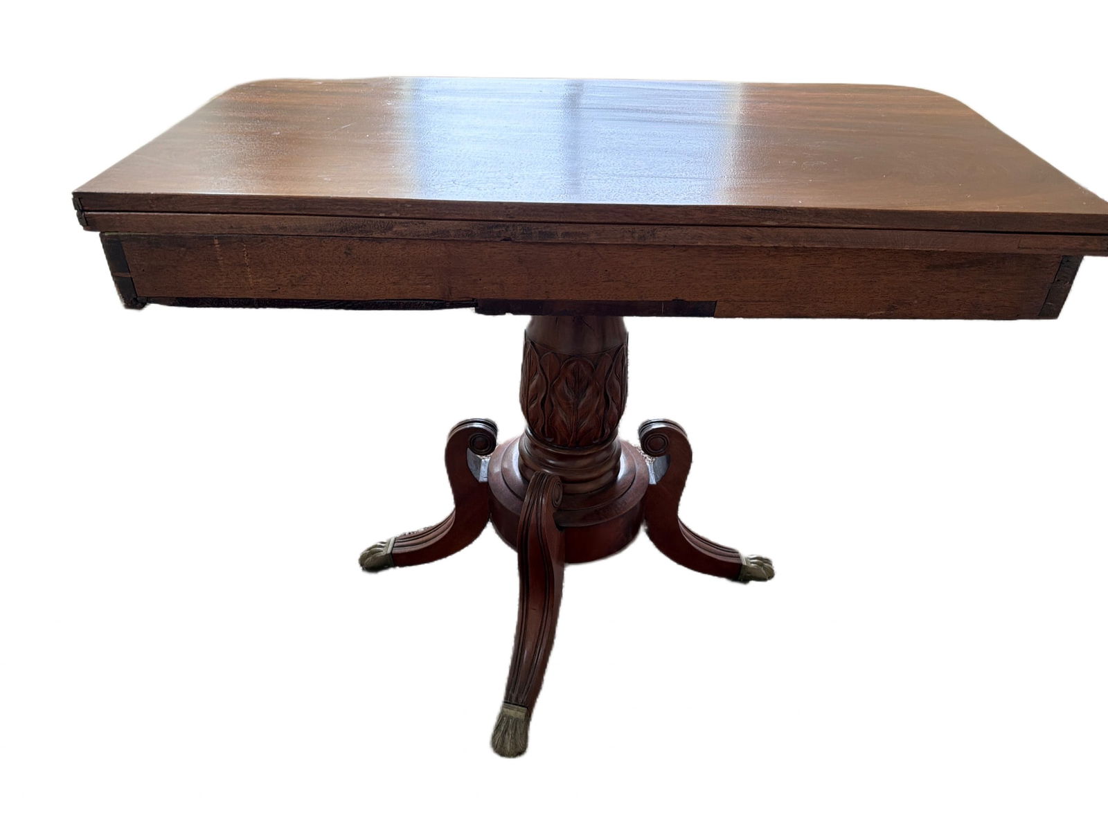 Mahogany Flip-Top Table With Carved Pedestal Base and Paw Feet (1 of 6)