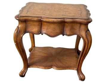 Wooden Side Table With Scalloped Edges and Decorative Top Inlay