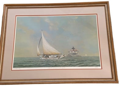 John Barber Signed Lithograph ‘The Official Etement Rounding Thomas Point Lighthouse’ Framed,
