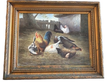 Framed Oil on Canvas Depicting Chickens, Signed by Artist Borofkgy
