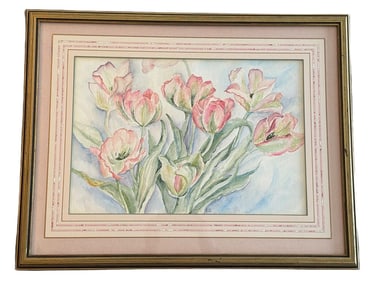Framed Watercolor Painting of Tulips by Artist Signed Asn