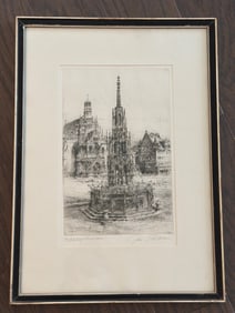 Framed Etching of the Schöner Brunnen Signed by Artist