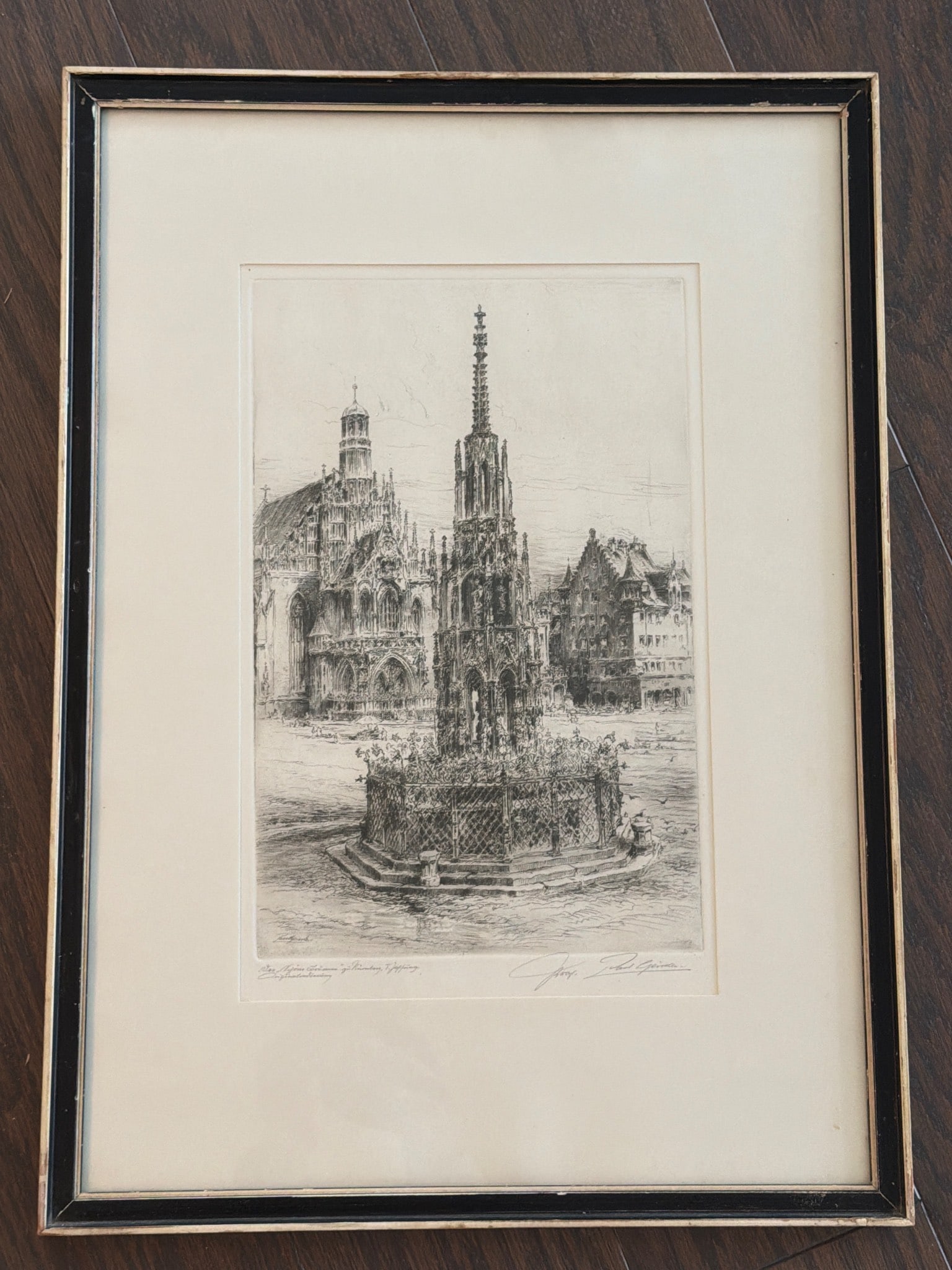 Framed Etching of the Schöner Brunnen Signed by Artist (1 of 7)