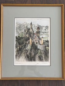 Framed 1921 Etching of Neuschwanstein Castle Signed by Artist