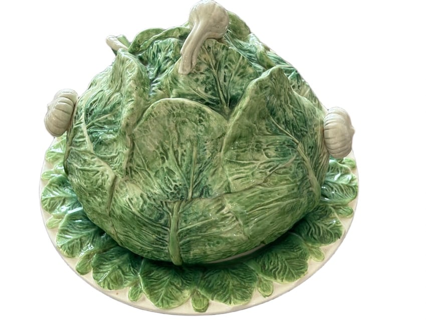 Italian Ceramic Soup Tureen with Plate, Lid, and Ladle, Cabbage Design: Italian-made ceramic soup tureen in the shape of a cabbage head with matching plate, lid, and ladle. Features detailed green glaze and textured design elements. The tureen measures approximately 10 in