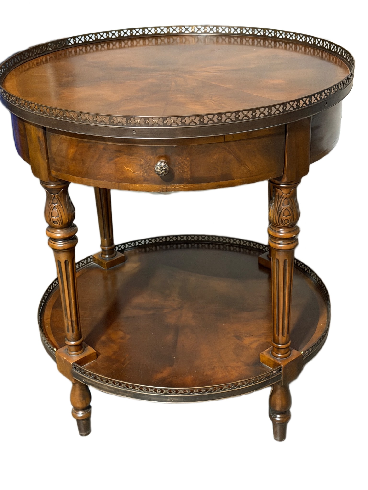 Two-Tier Round Wood Table with Brass-Gallery Trim and Single Drawer (1 of 2)