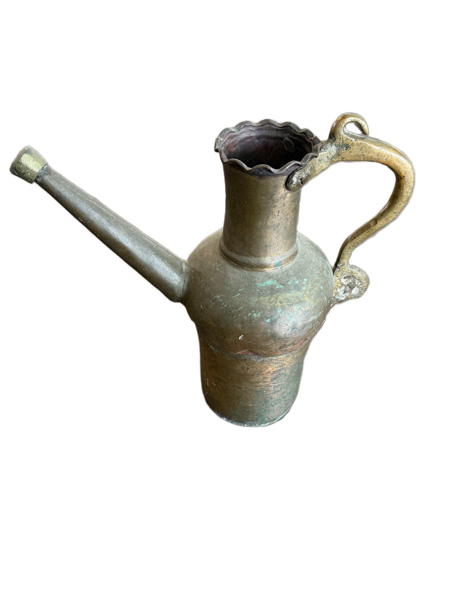 Bronze Long-Spouted Vessel with Ornate Handle: A bronze vessel featuring a long spout, flared and scalloped rim, and a decorative curved handle terminating in a floral detail. Surface shows a patina with verdigris accents, indicative of aging. Dim