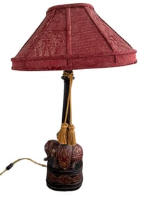 Elephant-Themed Table Lamp with Red Fabric Shade and Carved Design