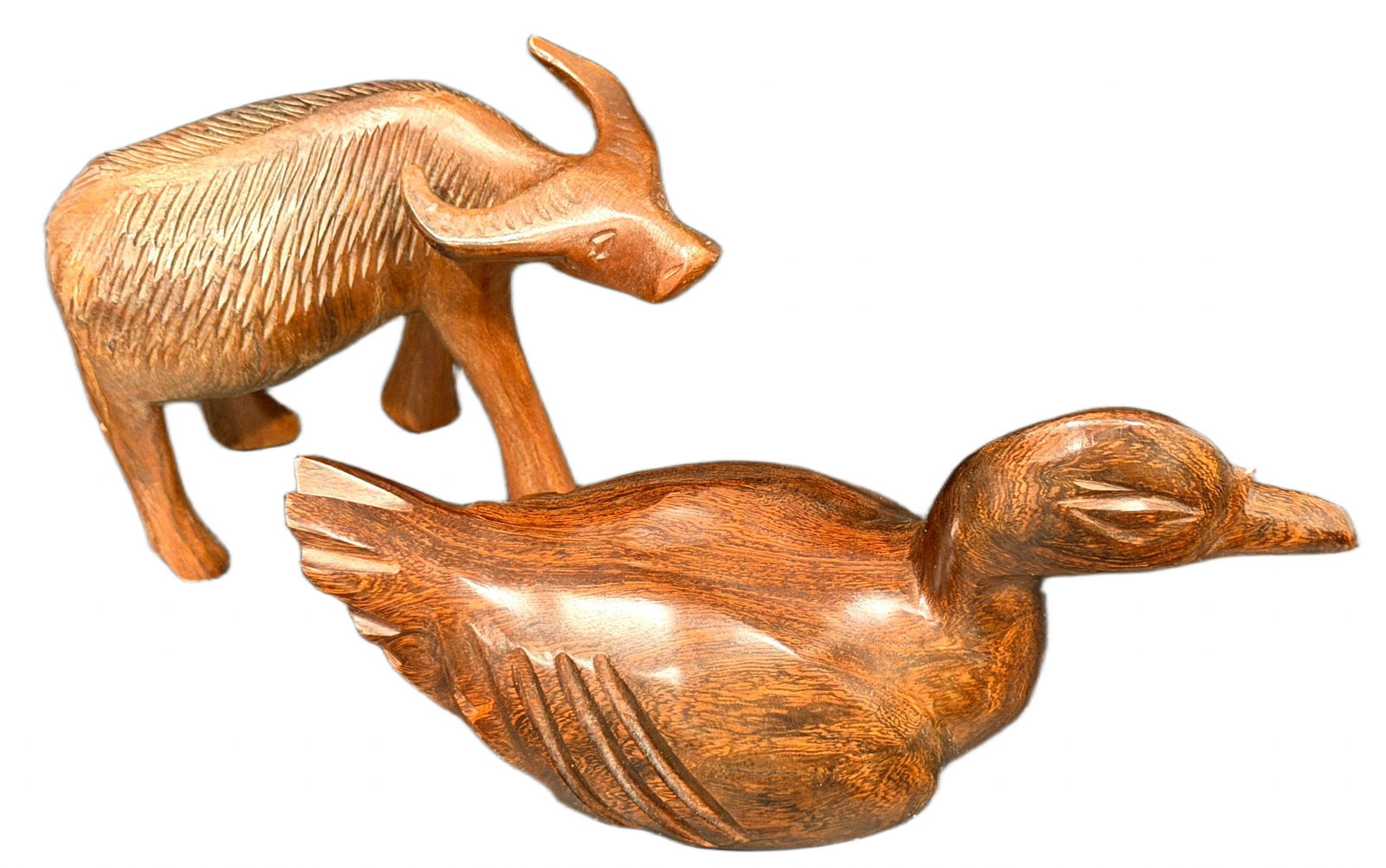 Hand-Carved Wooden Animal Figures: Duck and Buffalo (1 of 3)