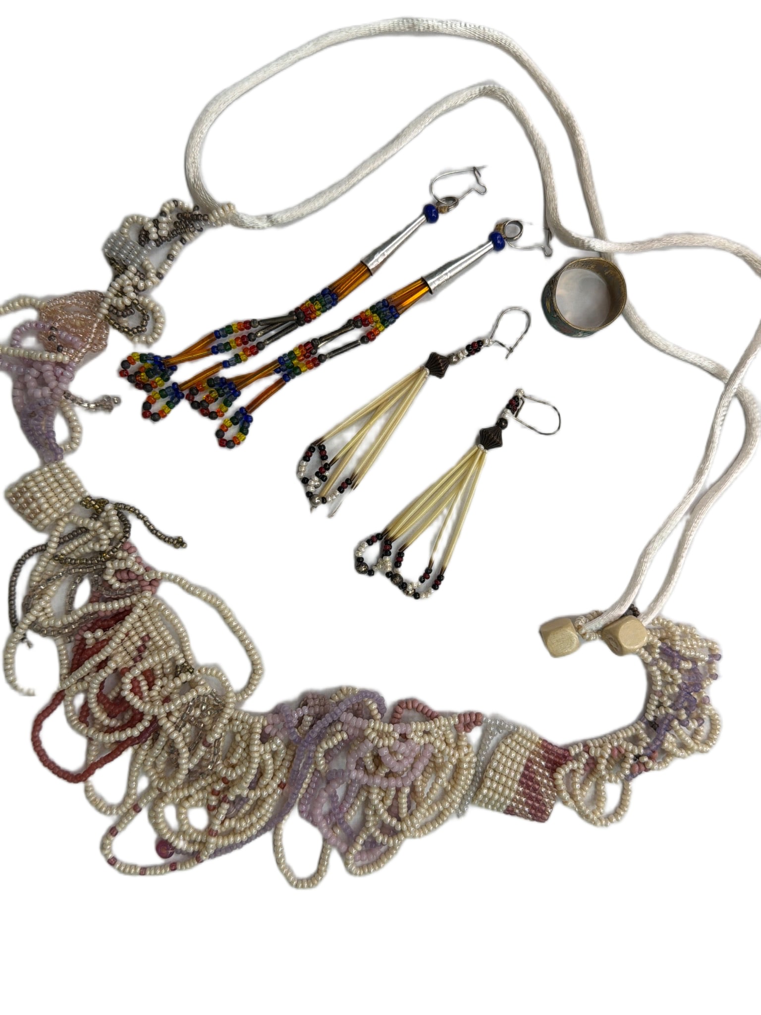 Beaded Necklace, Two Pairs of Earrings, and Metal Ring (1 of 3)