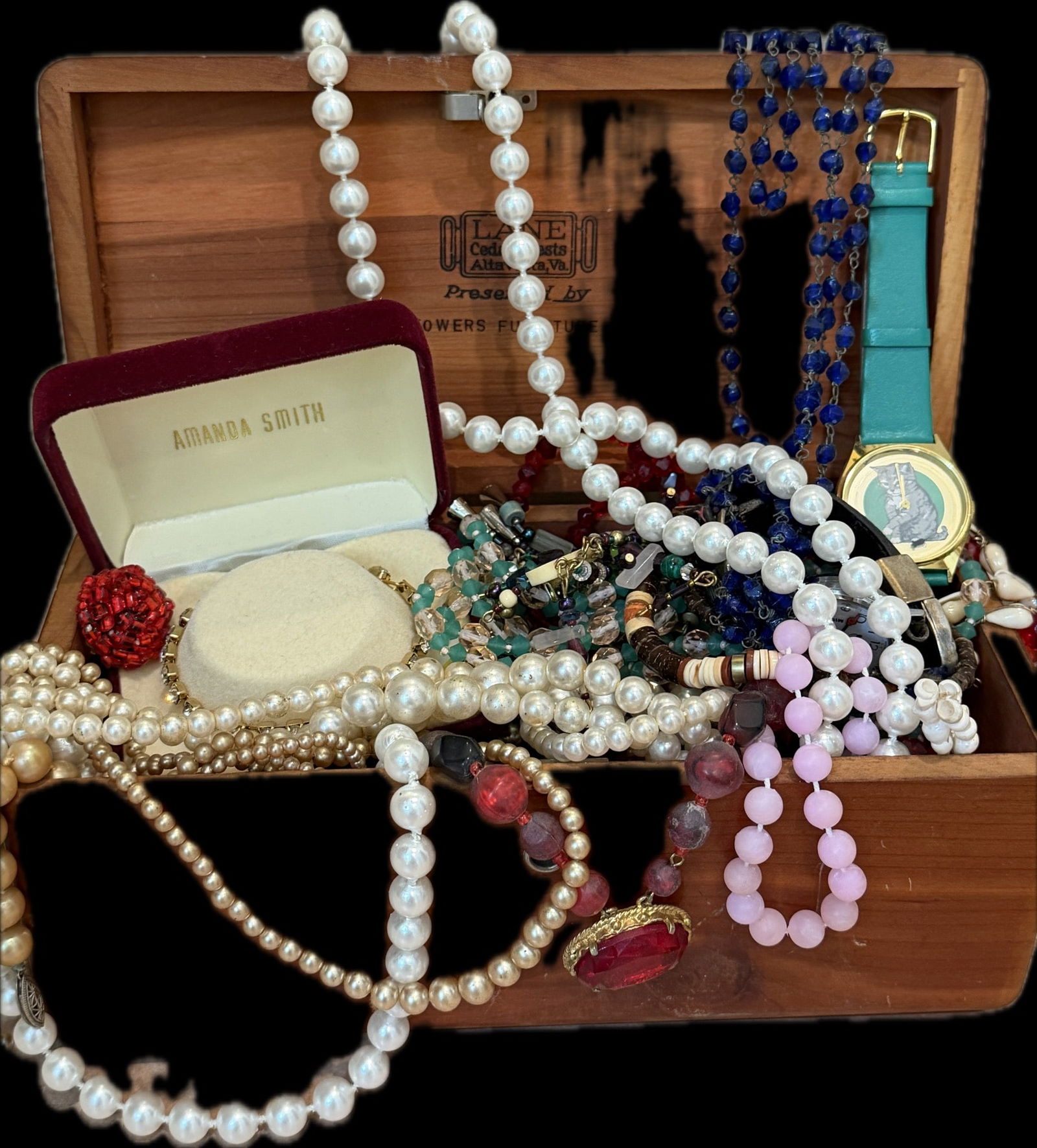 Lane Cedar Jewelry Chest with Assorted Costume Jewelry Collection (1 of 2)