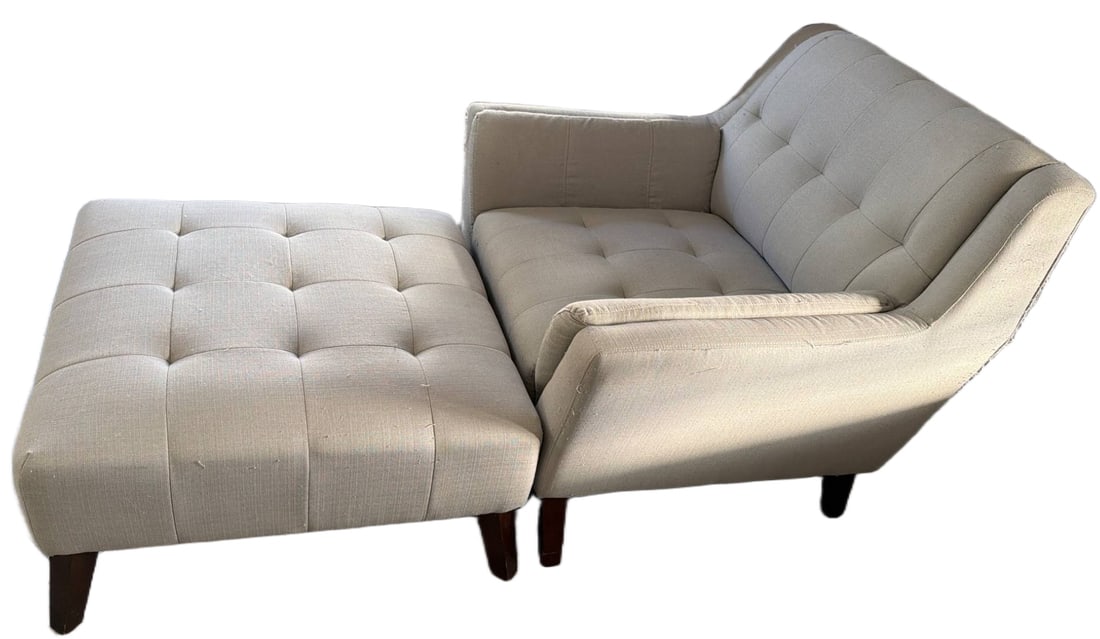 Tufted Upholstered Armchair and Ottoman in Light Gray Fabric with Wooden Legs (1 of 5)