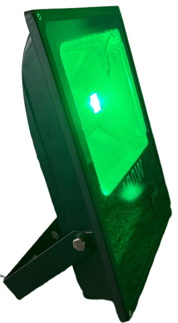 100W LED Floodlight with IP66 Rating: 100W LED floodlight featuring a green light emission and an IP66 rating for water and dust resistance. Designed with a robust metal frame, adjustable mounting bracket, and tempered glass screen. Suita