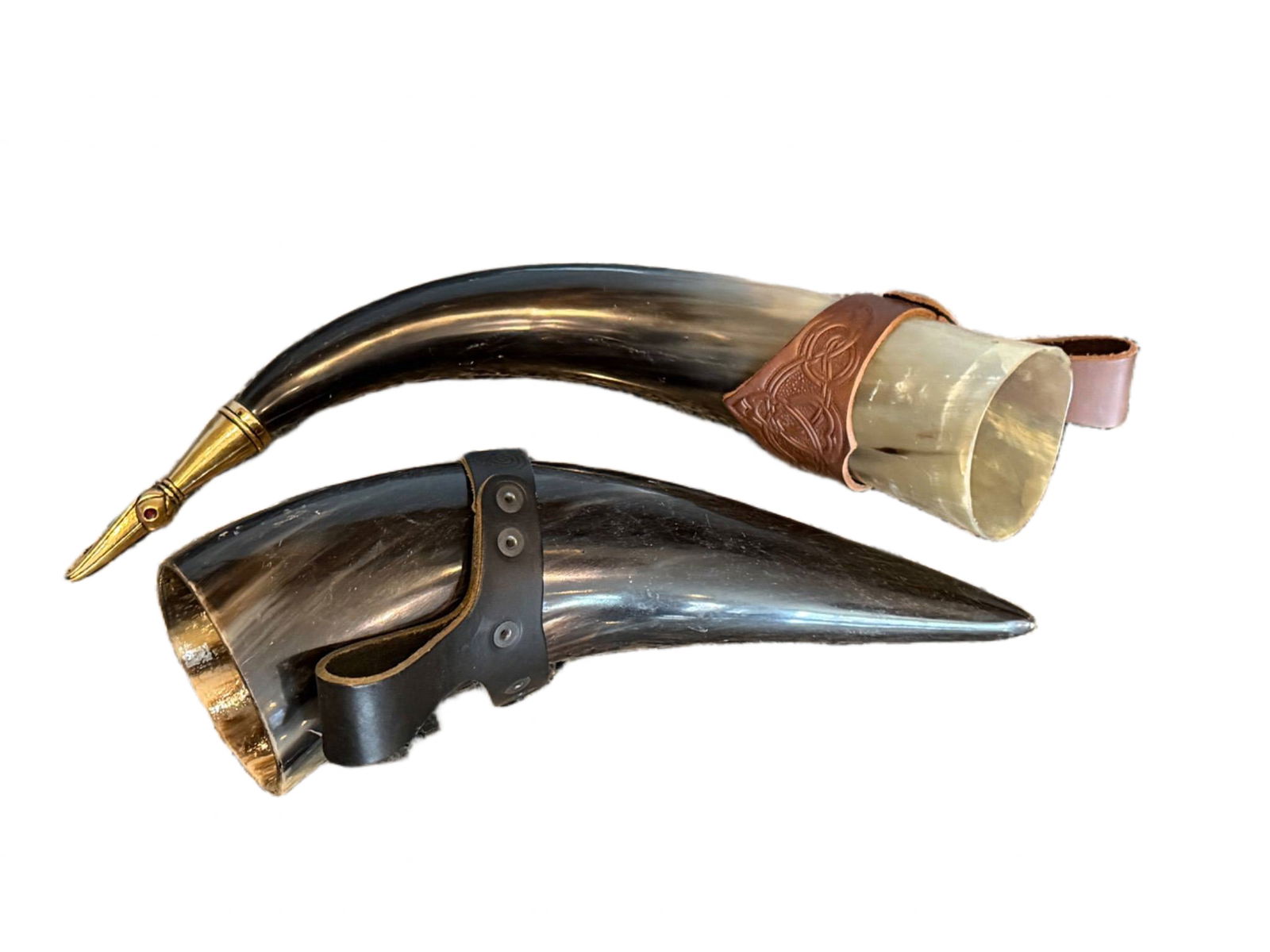 Two Drinking Horns with Leather Holders and Brass Accents (1 of 2)