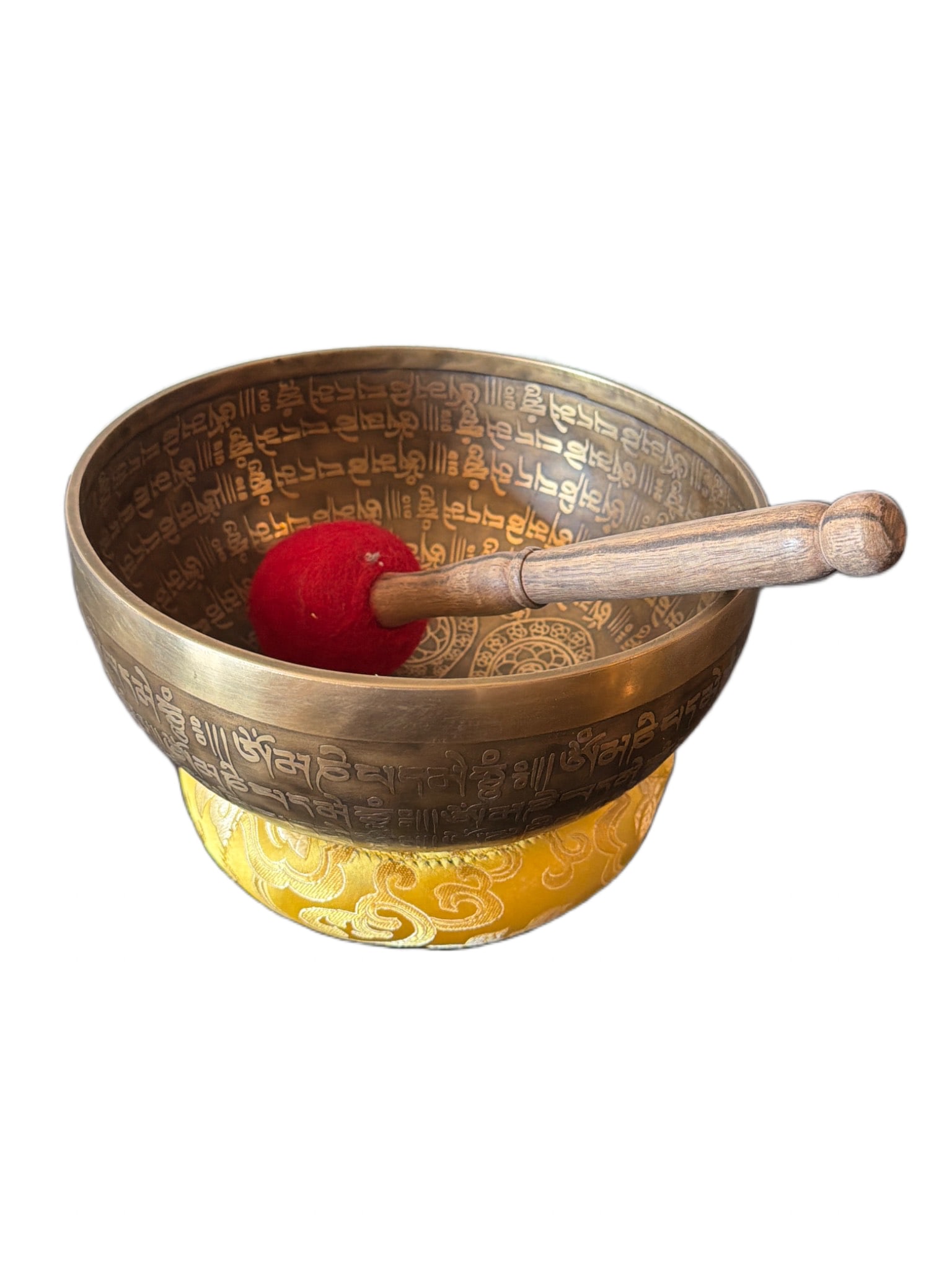 Brass Singing Bowl with Engraved Sanskrit Script and Wooden Mallets (1 of 3)