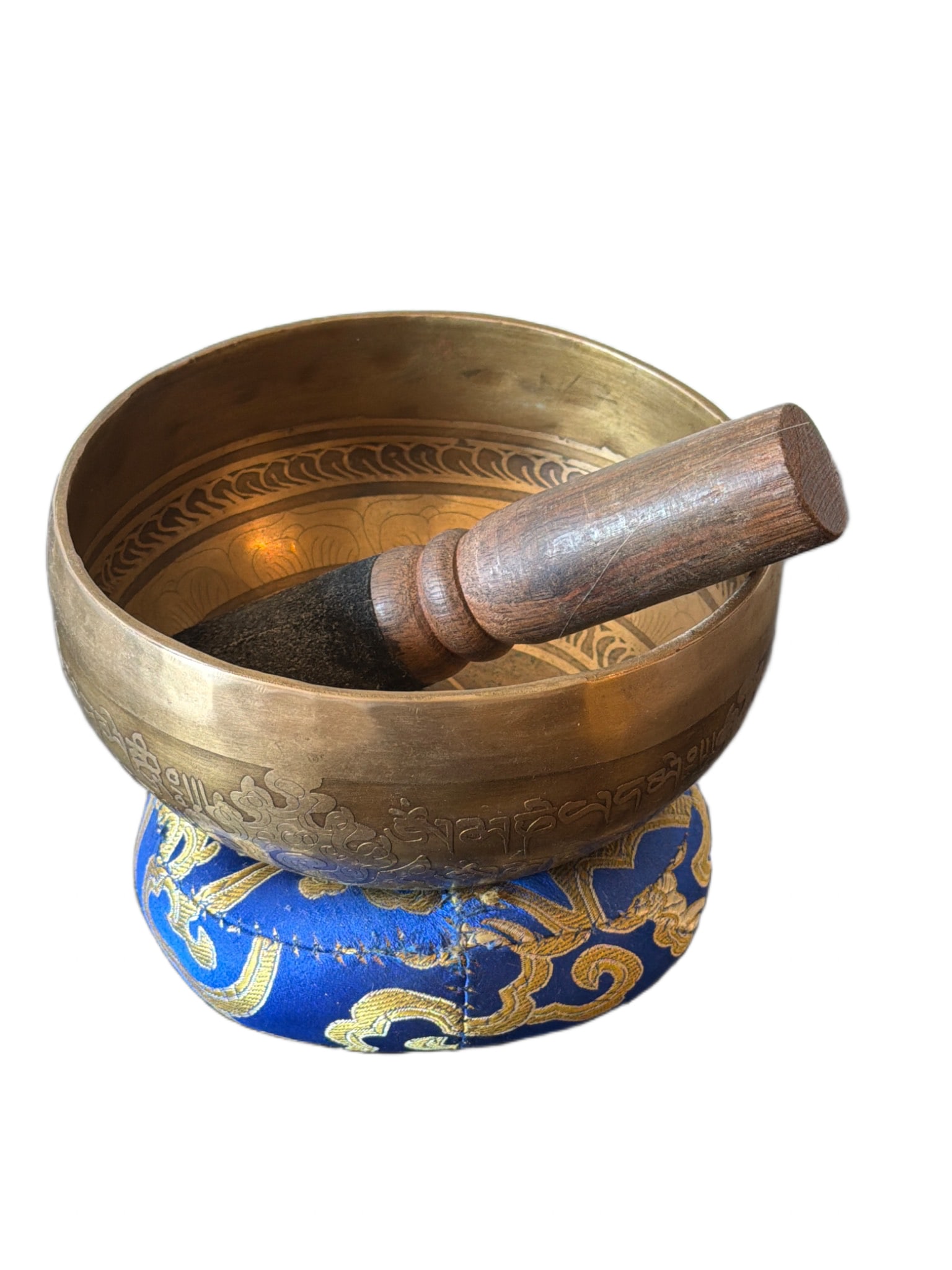 Brass Singing Bowl with Wooden Mallet and Cushion (1 of 3)